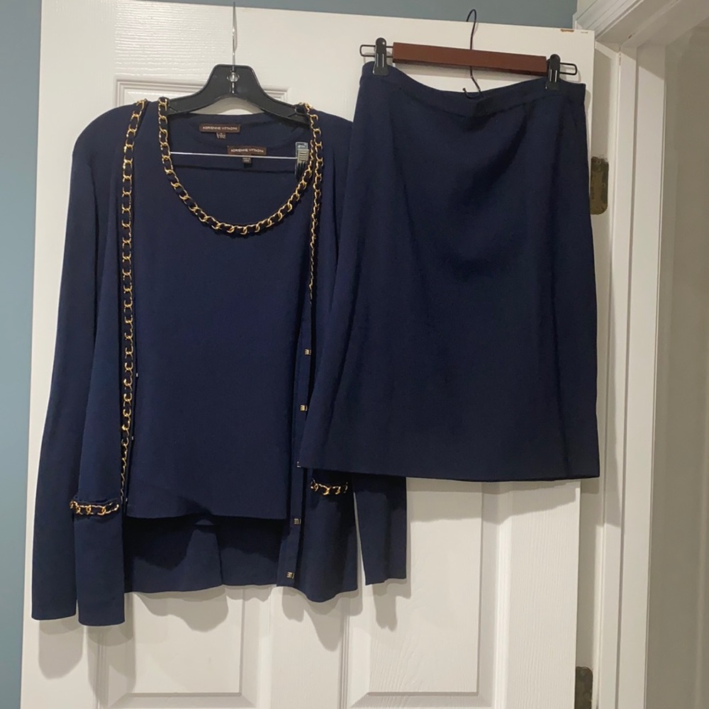 Rich navy 3 pc skirt set with brass piping